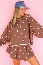 Brown Polka Dot Raw Hem Relaxed Pullover Loose Skort Two Piece Set