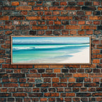 Blue Beach and Ocean Waves Panoramic Framed Canvas Print - Perfect for Living Room, Bedroom, Office Decor
