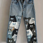 New 3D Heat-transfer Printed Flared Jeans-style Trousers In Faux Denim