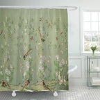 Green Flower-bird Print Shower Curtain