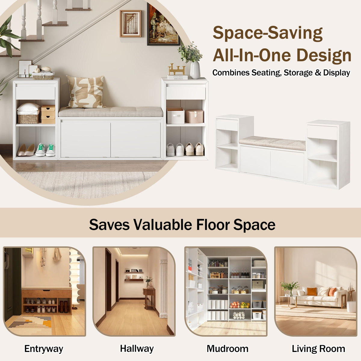 Entryway Storage Bench With Cushion, Drawers & Open Shelves
