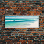 Blue Beach and Ocean Waves Panoramic Framed Canvas Print - Perfect for Living Room, Bedroom, Office Decor