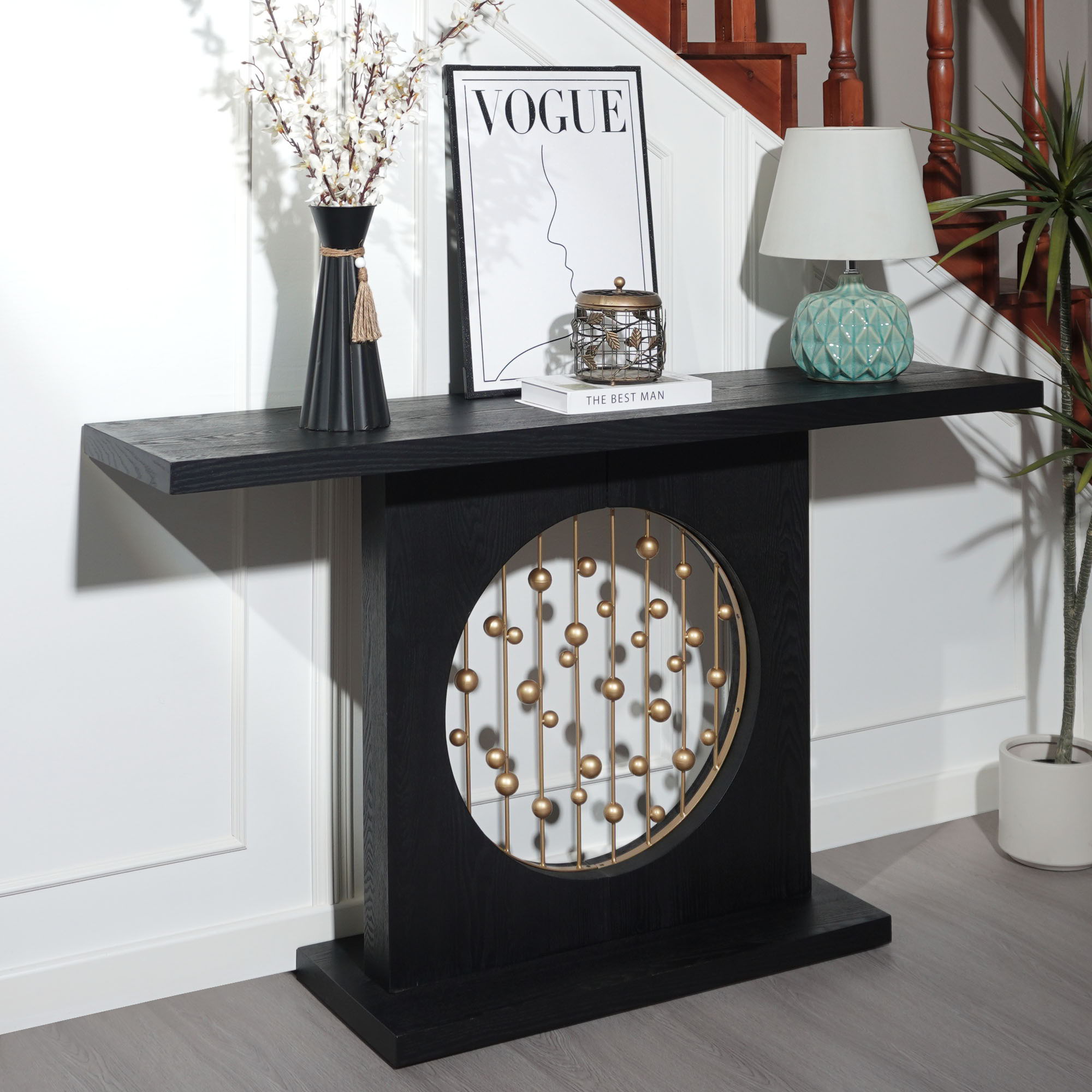 Console Table With Circular Art Decor For Living Room - Multi