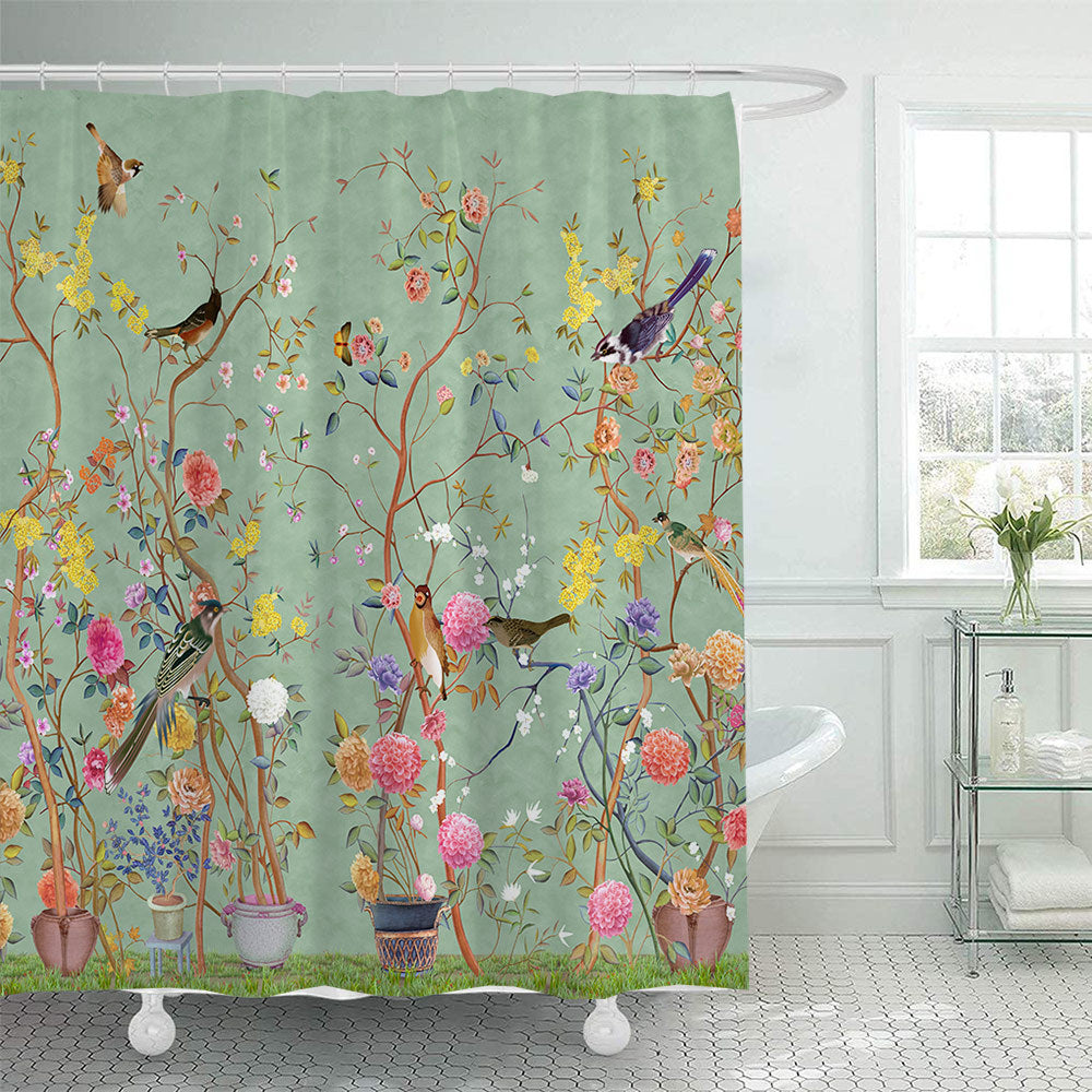 Green Flower-bird Print Shower Curtain