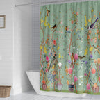 Green Flower-bird Print Shower Curtain