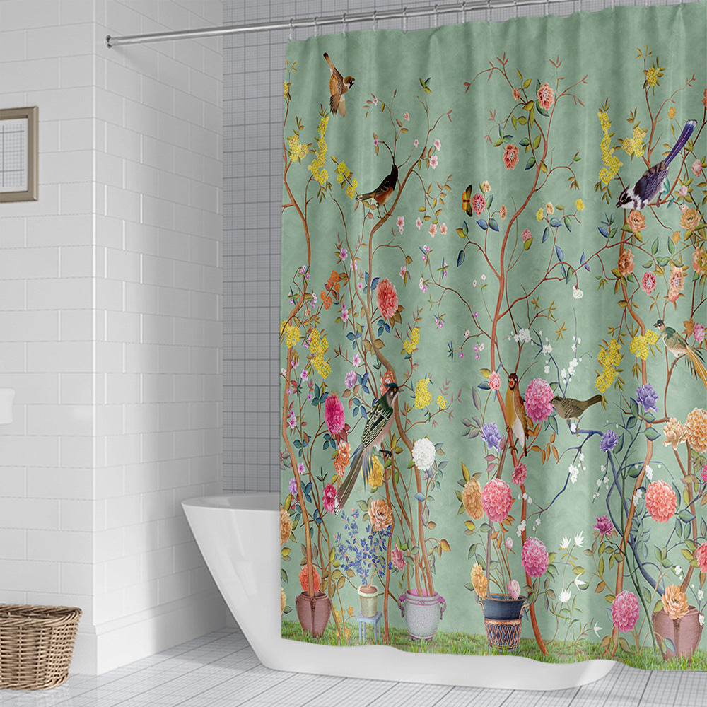 Green Flower-bird Print Shower Curtain
