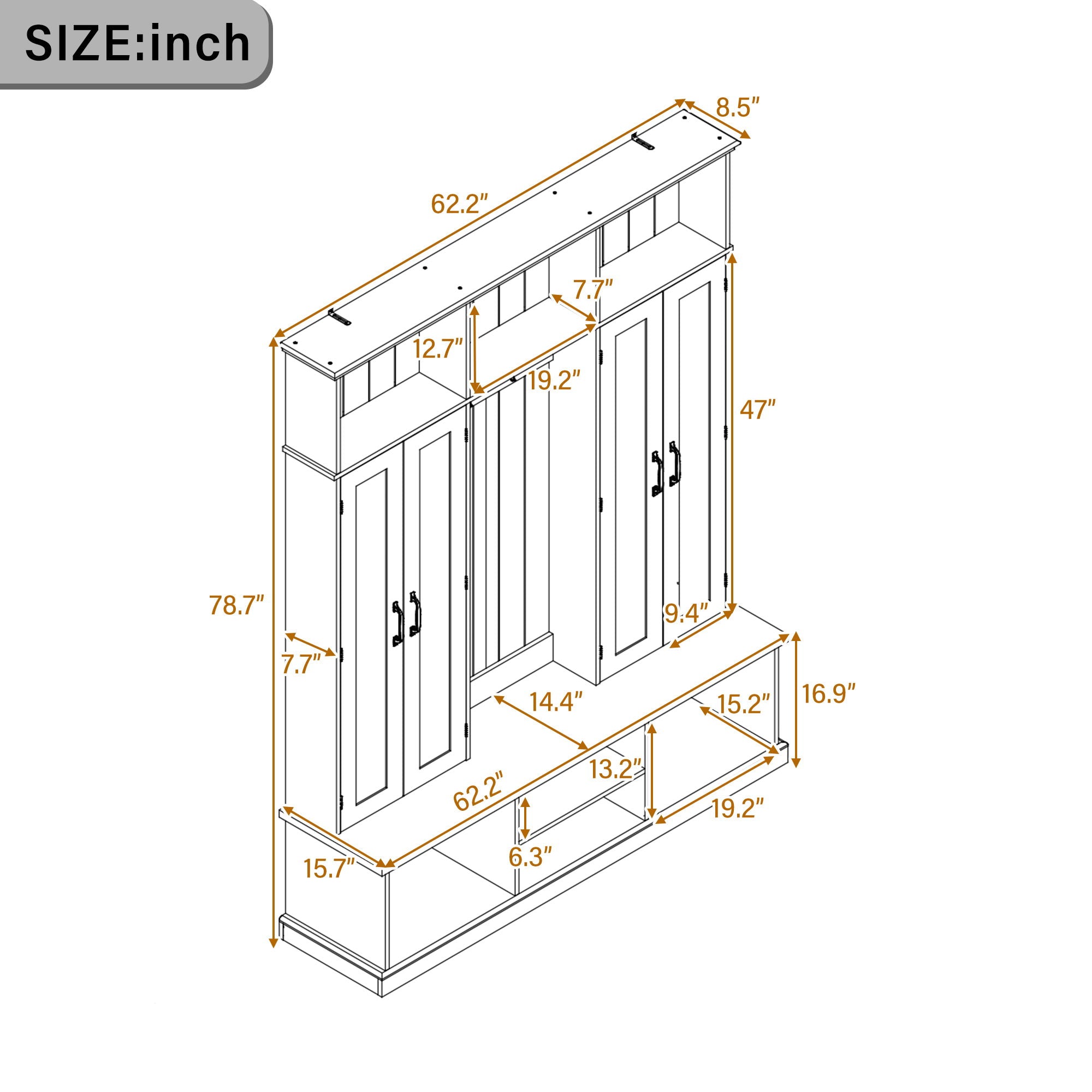 Entryway Hall Tree With Bench, 3 Top Cubbies & Bottom Storage Space