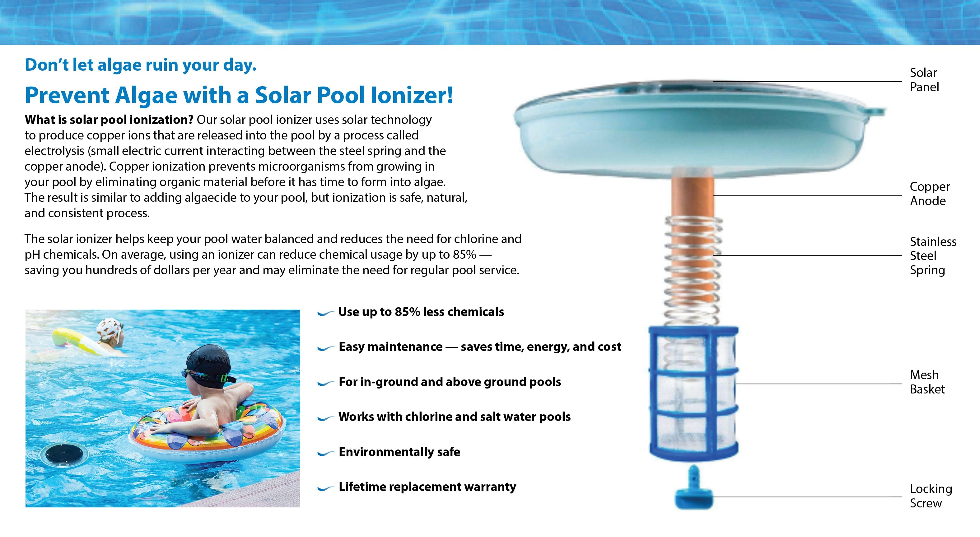 No More Green™ Original Solar Pool Ionizer (Up to 35K Gallons) | Inground & Above Ground Pools | Lifetime Replacement Program