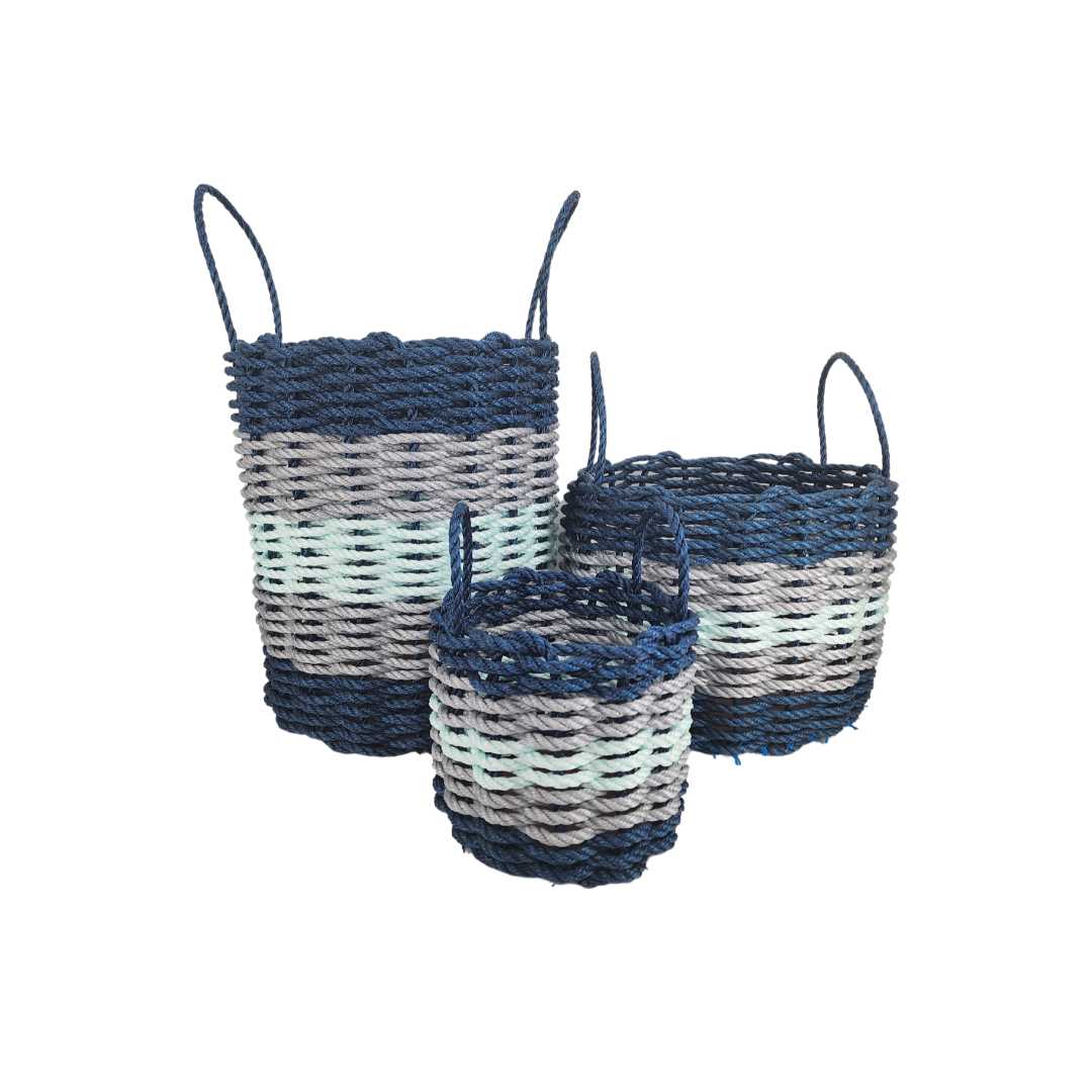 Navy Blue, Gray & Seafoam Five Stripe Rope Basket