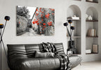 Red Roses Over Gray Stone Alley Glass Wall Art