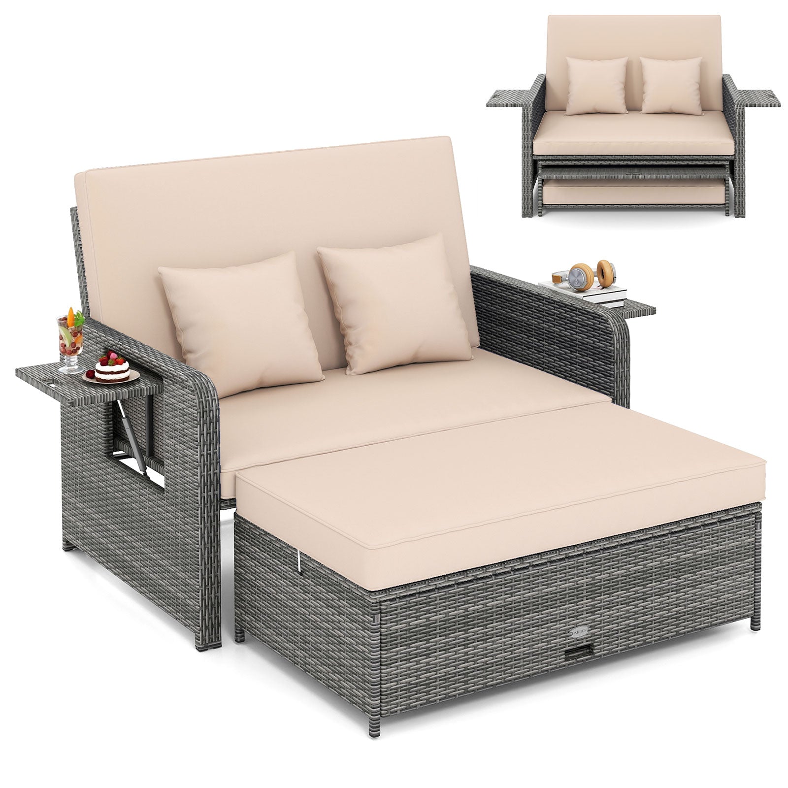 Patio Wicker Loveseat Sofa with Multipurpose Ottoman and Retractable Side Tray
