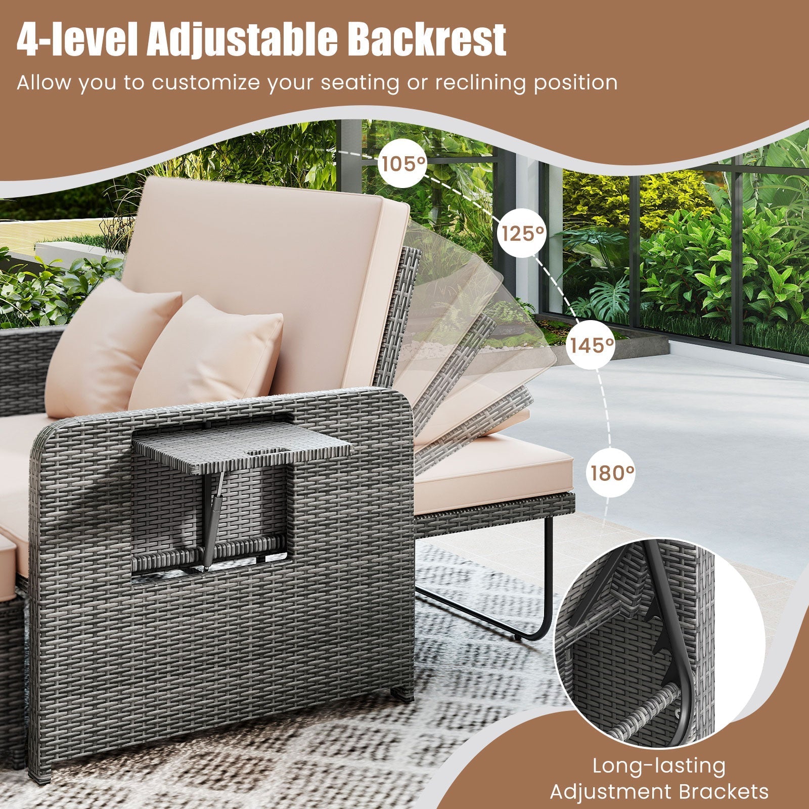 Patio Wicker Loveseat Sofa with Multipurpose Ottoman and Retractable Side Tray