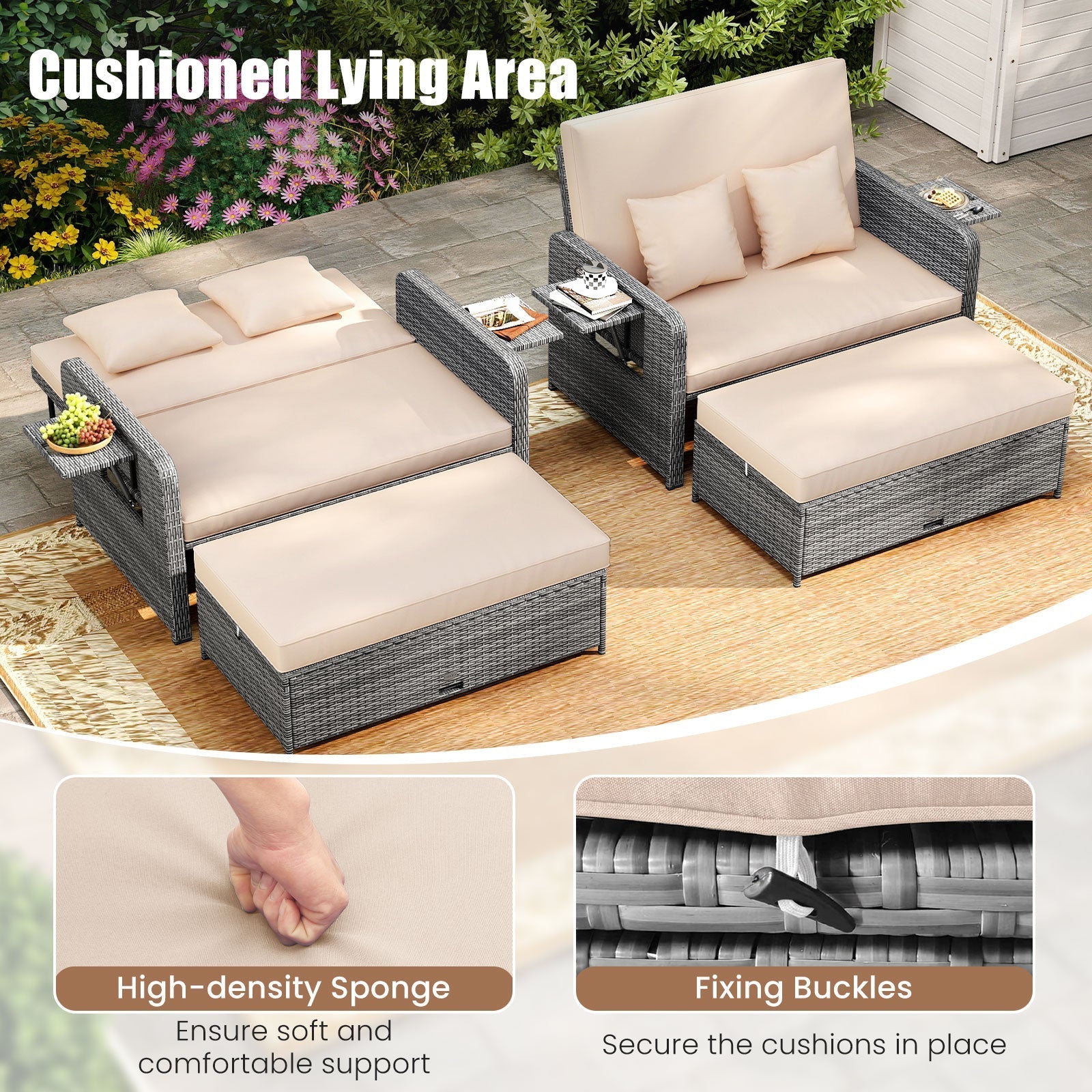 Patio Wicker Loveseat Sofa with Multipurpose Ottoman and Retractable Side Tray