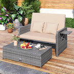 Patio Wicker Loveseat Sofa with Multipurpose Ottoman and Retractable Side Tray