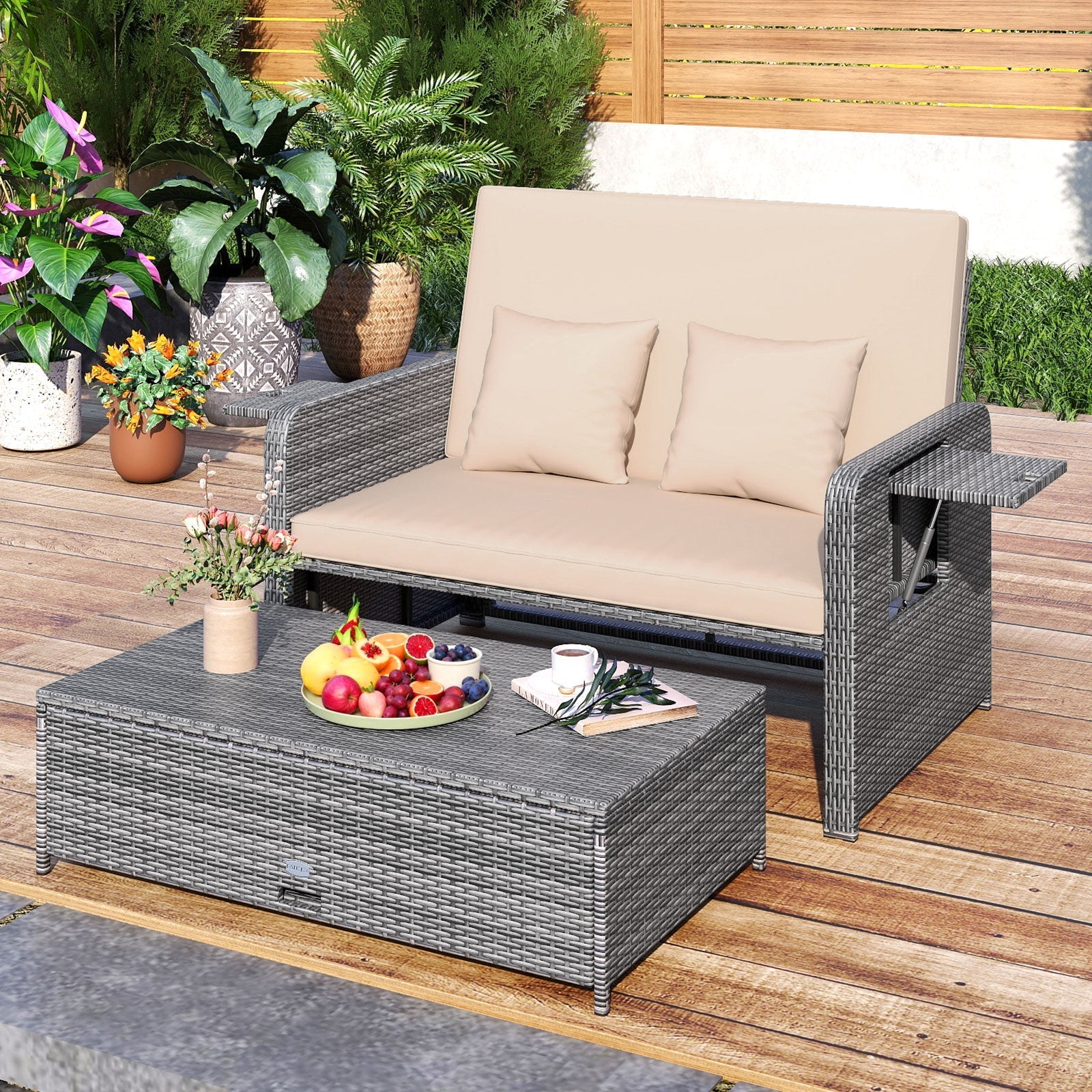 Patio Wicker Loveseat Sofa with Multipurpose Ottoman and Retractable Side Tray