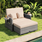 Patio Wicker Loveseat Sofa with Multipurpose Ottoman and Retractable Side Tray