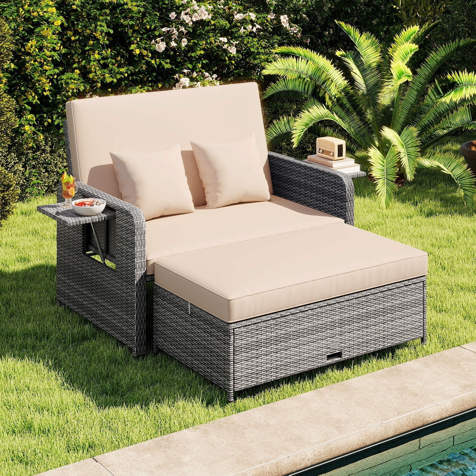 Patio Wicker Loveseat Sofa with Multipurpose Ottoman and Retractable Side Tray