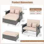 Patio Wicker Loveseat Sofa with Multipurpose Ottoman and Retractable Side Tray