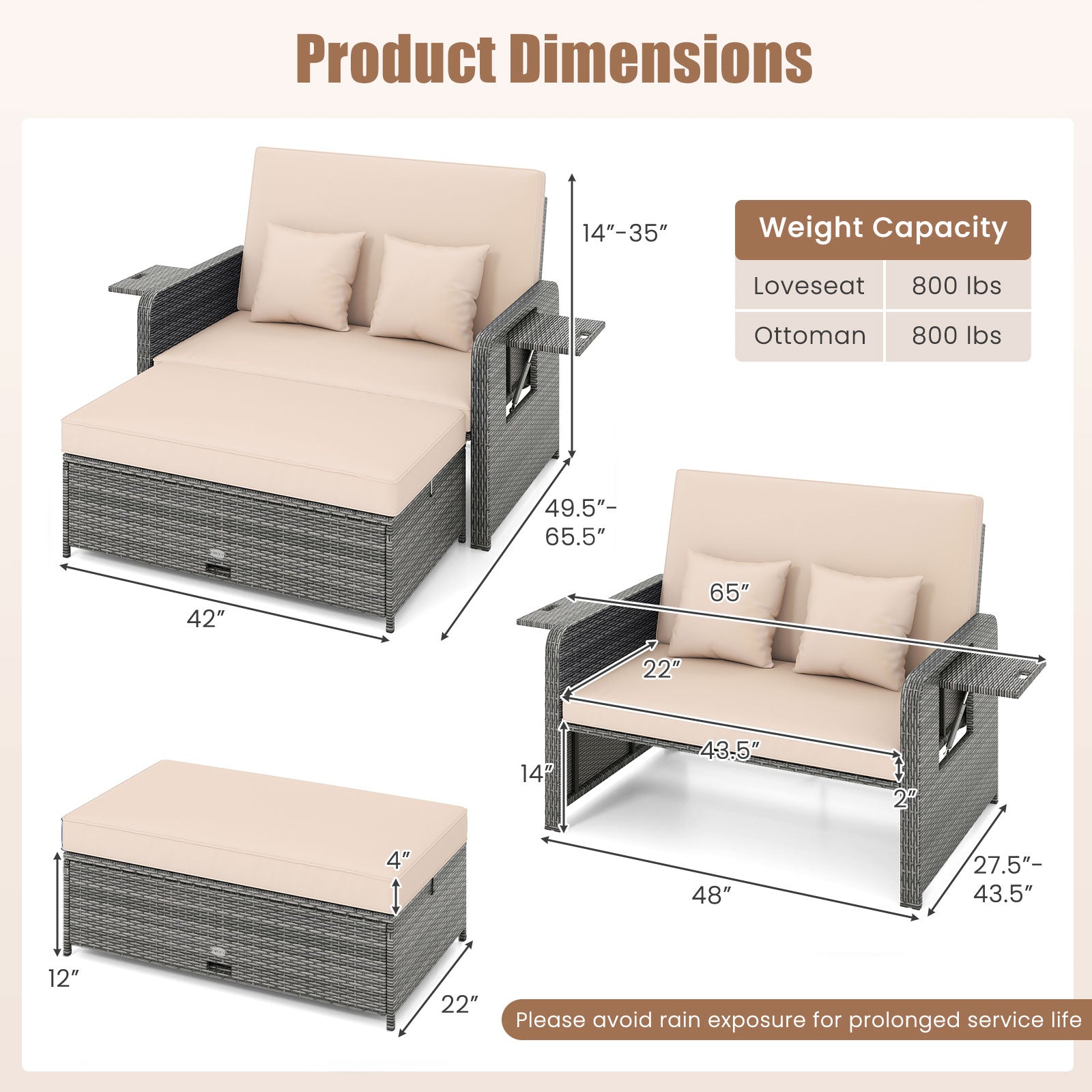 Patio Wicker Loveseat Sofa with Multipurpose Ottoman and Retractable Side Tray