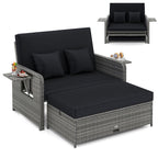 Patio Wicker Loveseat Sofa with Multipurpose Ottoman and Retractable Side Tray