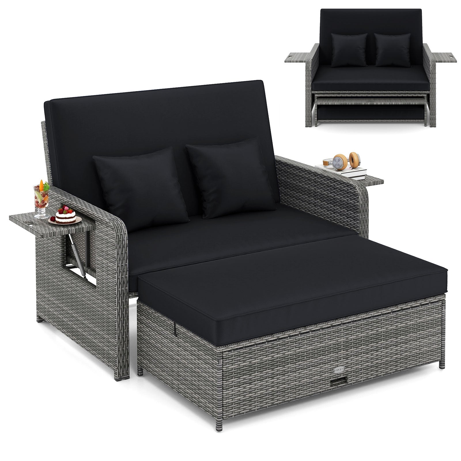 Patio Wicker Loveseat Sofa with Multipurpose Ottoman and Retractable Side Tray
