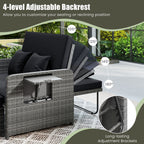 Patio Wicker Loveseat Sofa with Multipurpose Ottoman and Retractable Side Tray