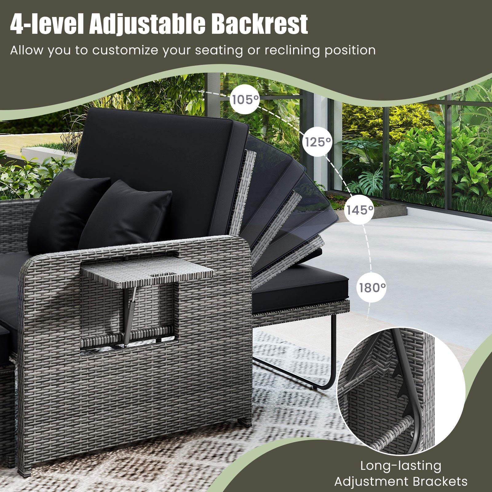 Patio Wicker Loveseat Sofa with Multipurpose Ottoman and Retractable Side Tray