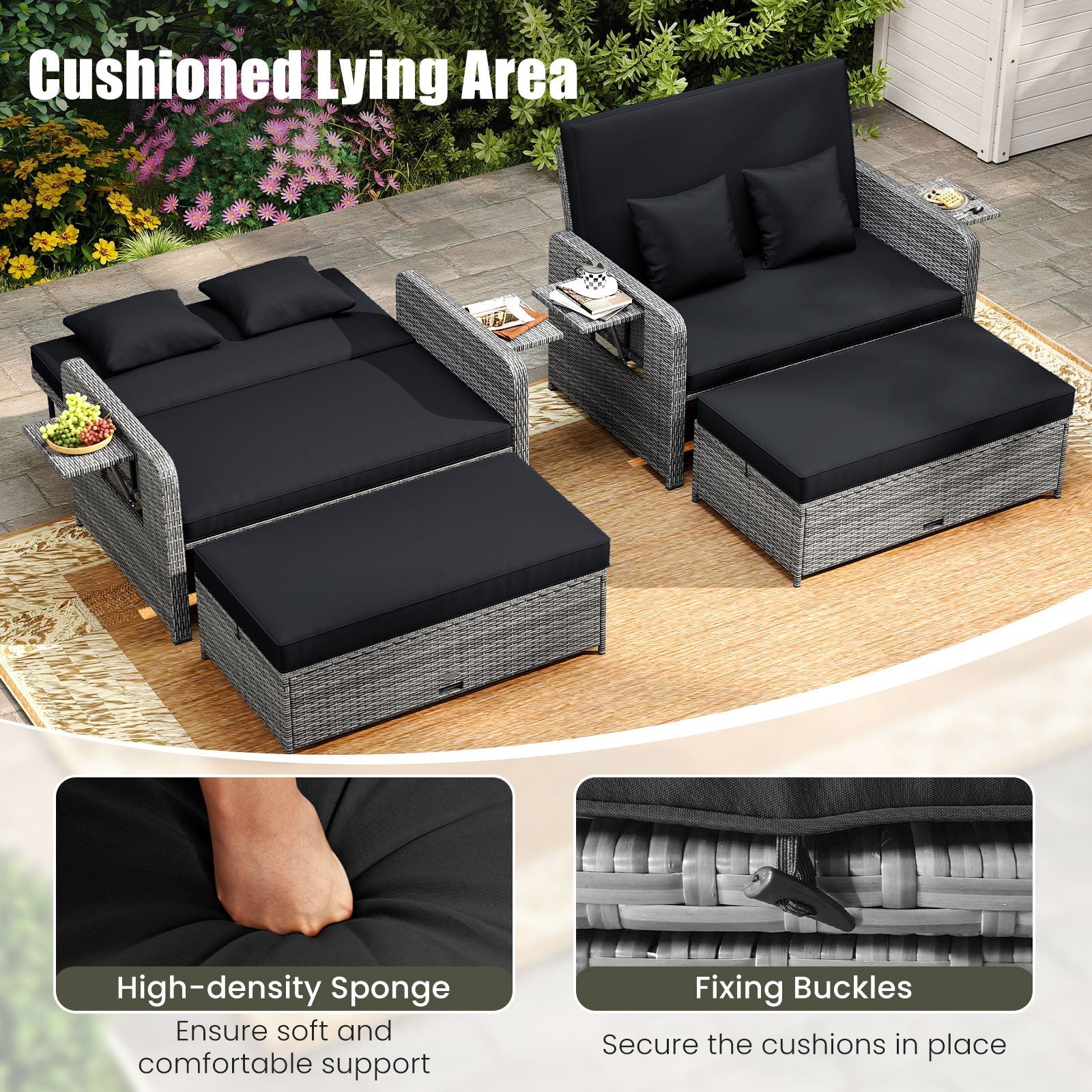 Patio Wicker Loveseat Sofa with Multipurpose Ottoman and Retractable Side Tray