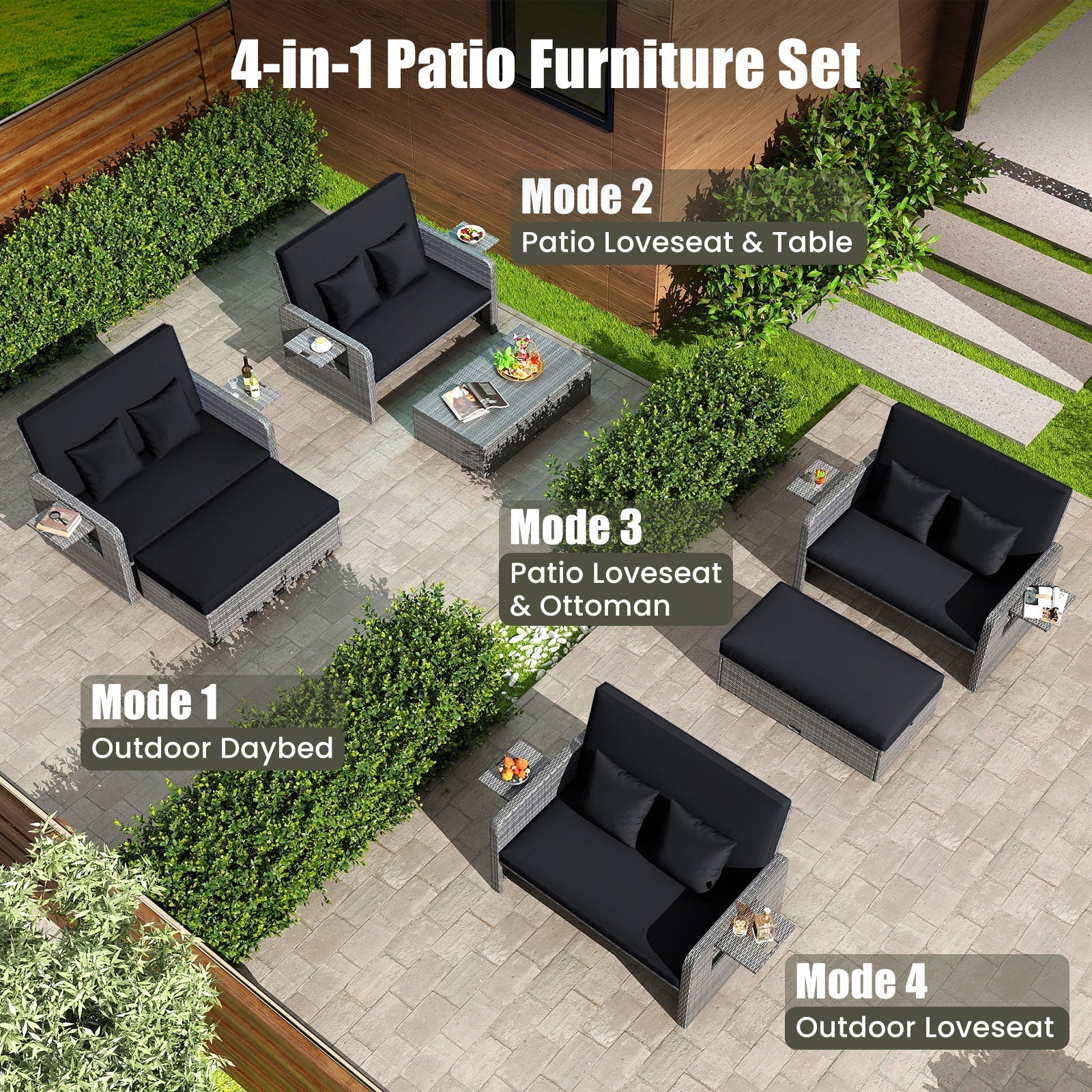 Patio Wicker Loveseat Sofa with Multipurpose Ottoman and Retractable Side Tray
