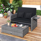 Patio Wicker Loveseat Sofa with Multipurpose Ottoman and Retractable Side Tray