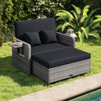 Patio Wicker Loveseat Sofa with Multipurpose Ottoman and Retractable Side Tray