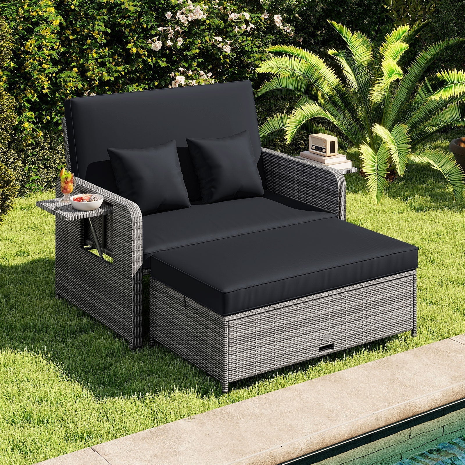 Patio Wicker Loveseat Sofa with Multipurpose Ottoman and Retractable Side Tray