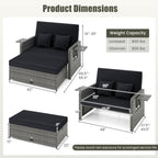 Patio Wicker Loveseat Sofa with Multipurpose Ottoman and Retractable Side Tray