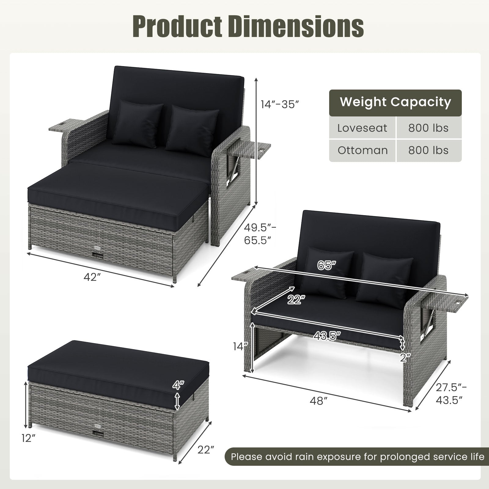 Patio Wicker Loveseat Sofa with Multipurpose Ottoman and Retractable Side Tray