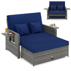 Patio Wicker Loveseat Sofa with Multipurpose Ottoman and Retractable Side Tray