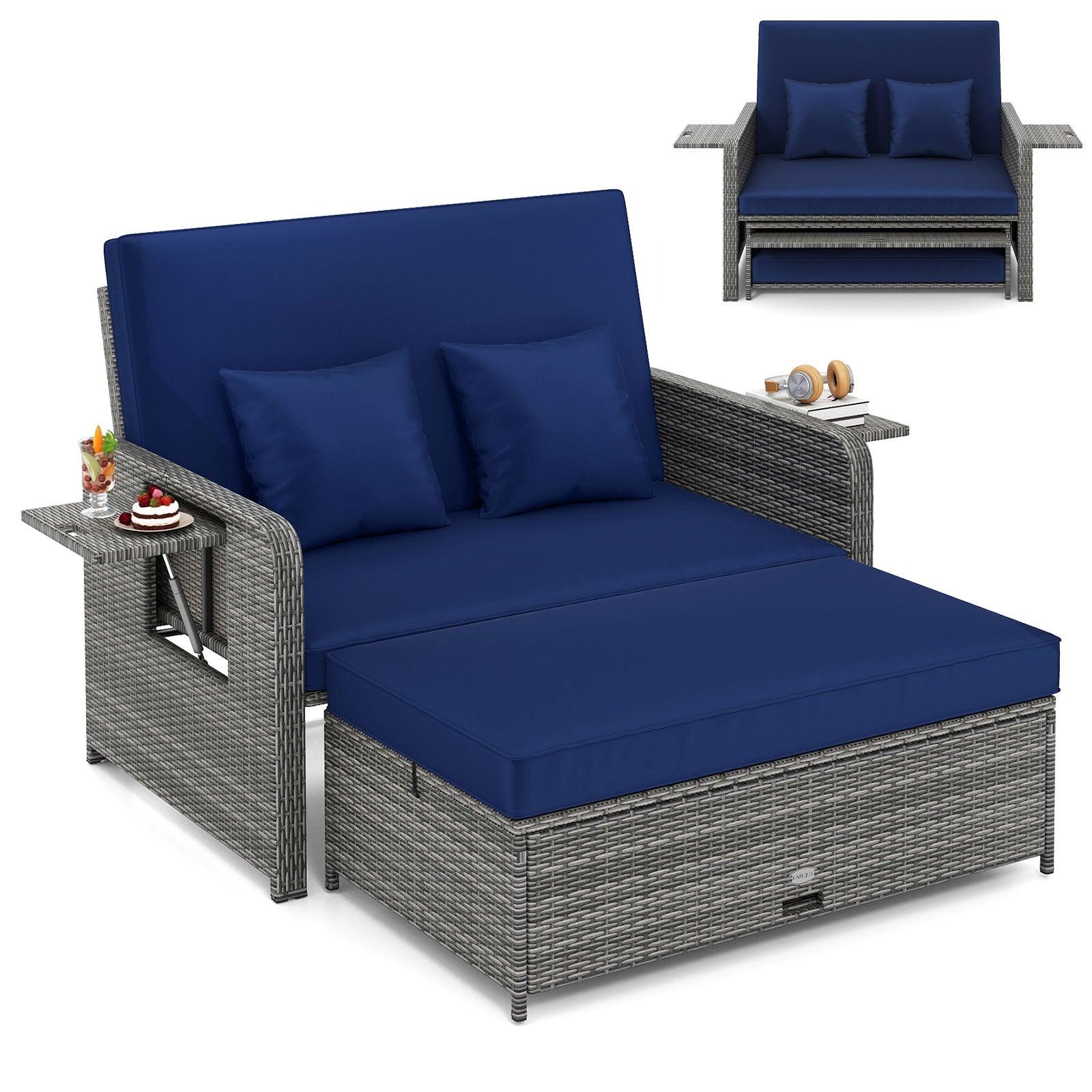 Patio Wicker Loveseat Sofa with Multipurpose Ottoman and Retractable Side Tray