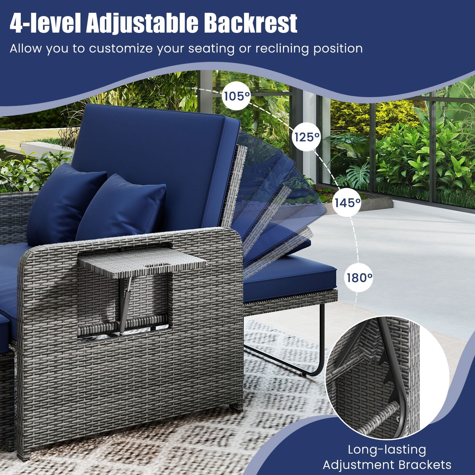 Patio Wicker Loveseat Sofa with Multipurpose Ottoman and Retractable Side Tray