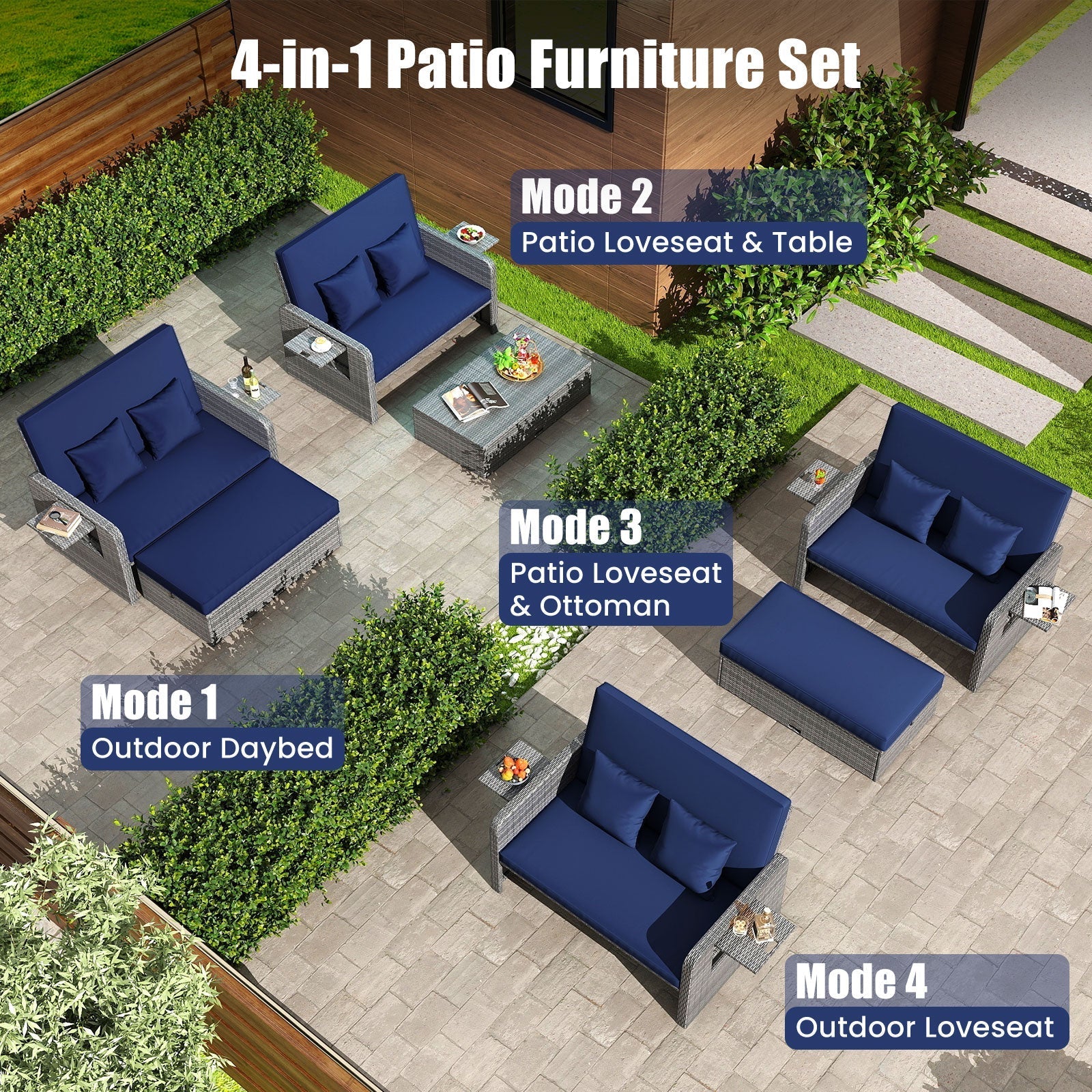 Patio Wicker Loveseat Sofa with Multipurpose Ottoman and Retractable Side Tray