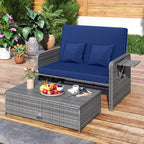 Patio Wicker Loveseat Sofa with Multipurpose Ottoman and Retractable Side Tray