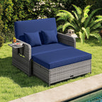 Patio Wicker Loveseat Sofa with Multipurpose Ottoman and Retractable Side Tray