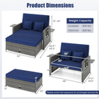 Patio Wicker Loveseat Sofa with Multipurpose Ottoman and Retractable Side Tray