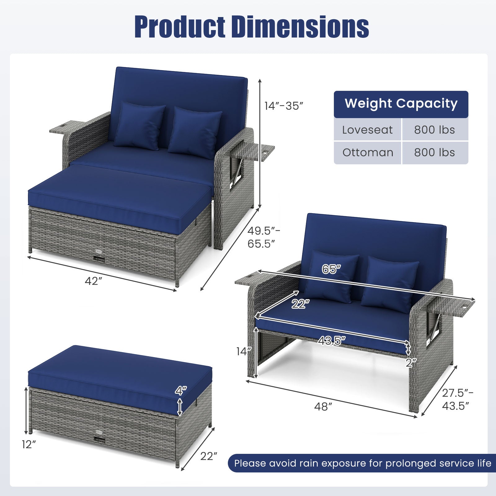 Patio Wicker Loveseat Sofa with Multipurpose Ottoman and Retractable Side Tray