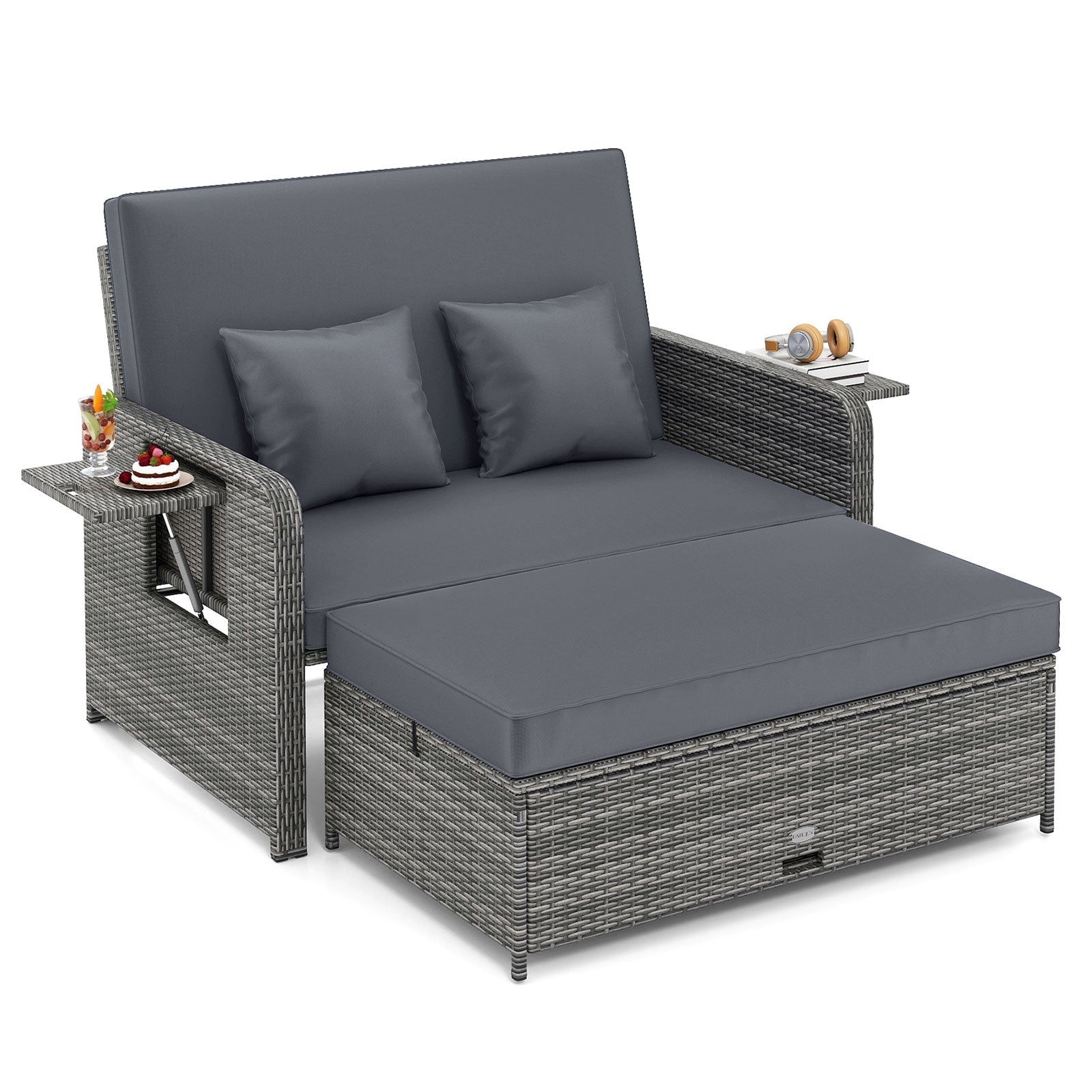Patio Wicker Loveseat Sofa with Multipurpose Ottoman and Retractable Side Tray