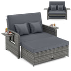 Patio Wicker Loveseat Sofa with Multipurpose Ottoman and Retractable Side Tray