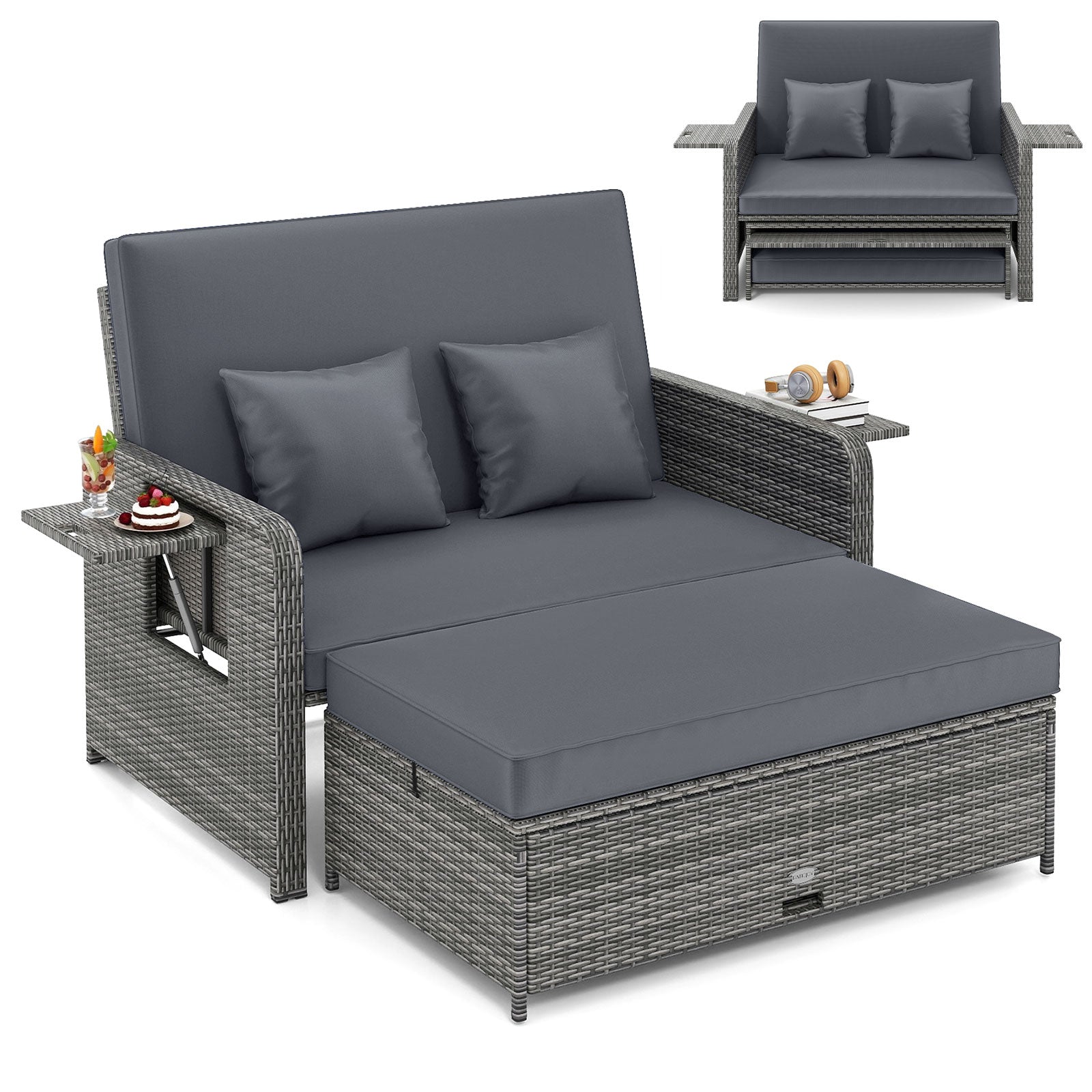 Patio Wicker Loveseat Sofa with Multipurpose Ottoman and Retractable Side Tray