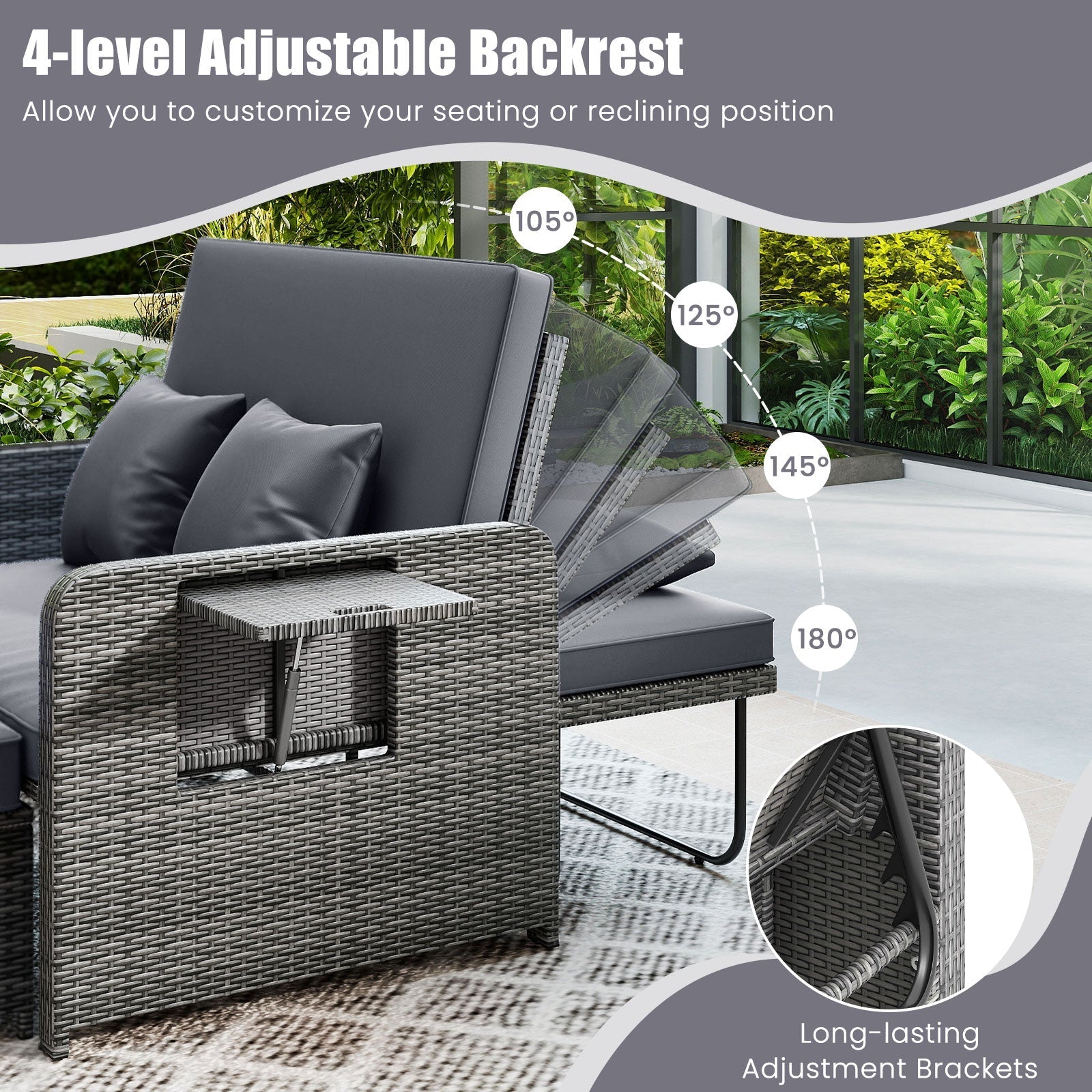 Patio Wicker Loveseat Sofa with Multipurpose Ottoman and Retractable Side Tray