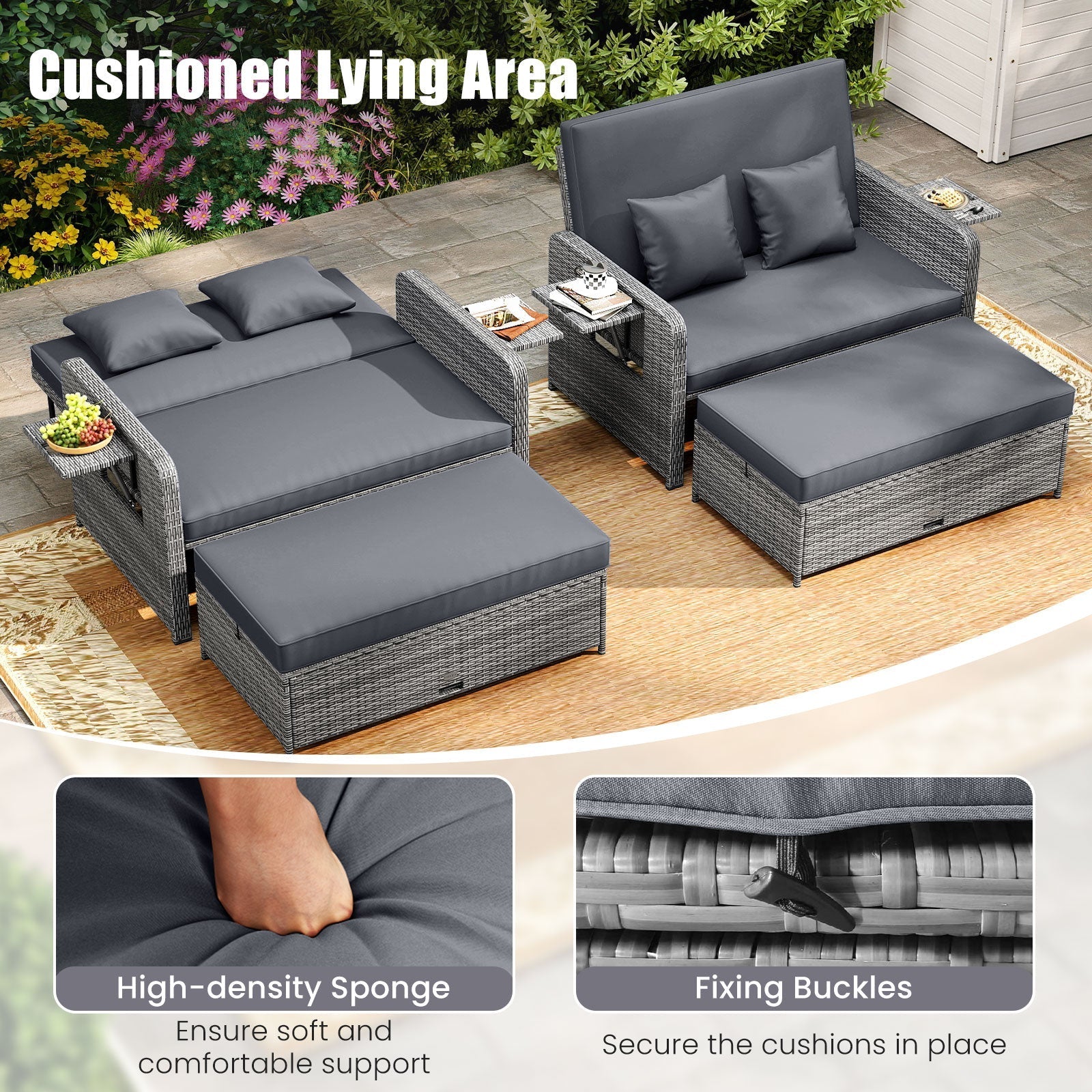 Patio Wicker Loveseat Sofa with Multipurpose Ottoman and Retractable Side Tray