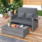 Patio Wicker Loveseat Sofa with Multipurpose Ottoman and Retractable Side Tray