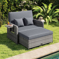 Patio Wicker Loveseat Sofa with Multipurpose Ottoman and Retractable Side Tray
