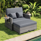 Patio Wicker Loveseat Sofa with Multipurpose Ottoman and Retractable Side Tray
